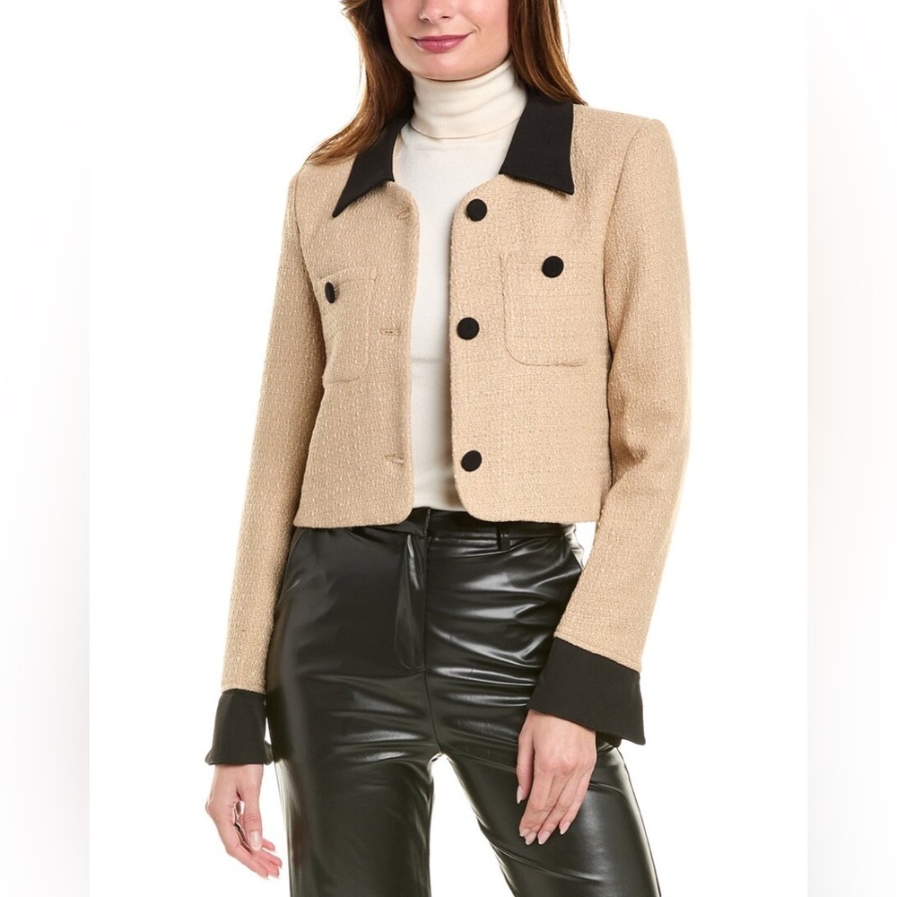 Colette Rose Cream Tweed Contrast Collar Cuffs Cropped Blazer Jacket NWT Size L